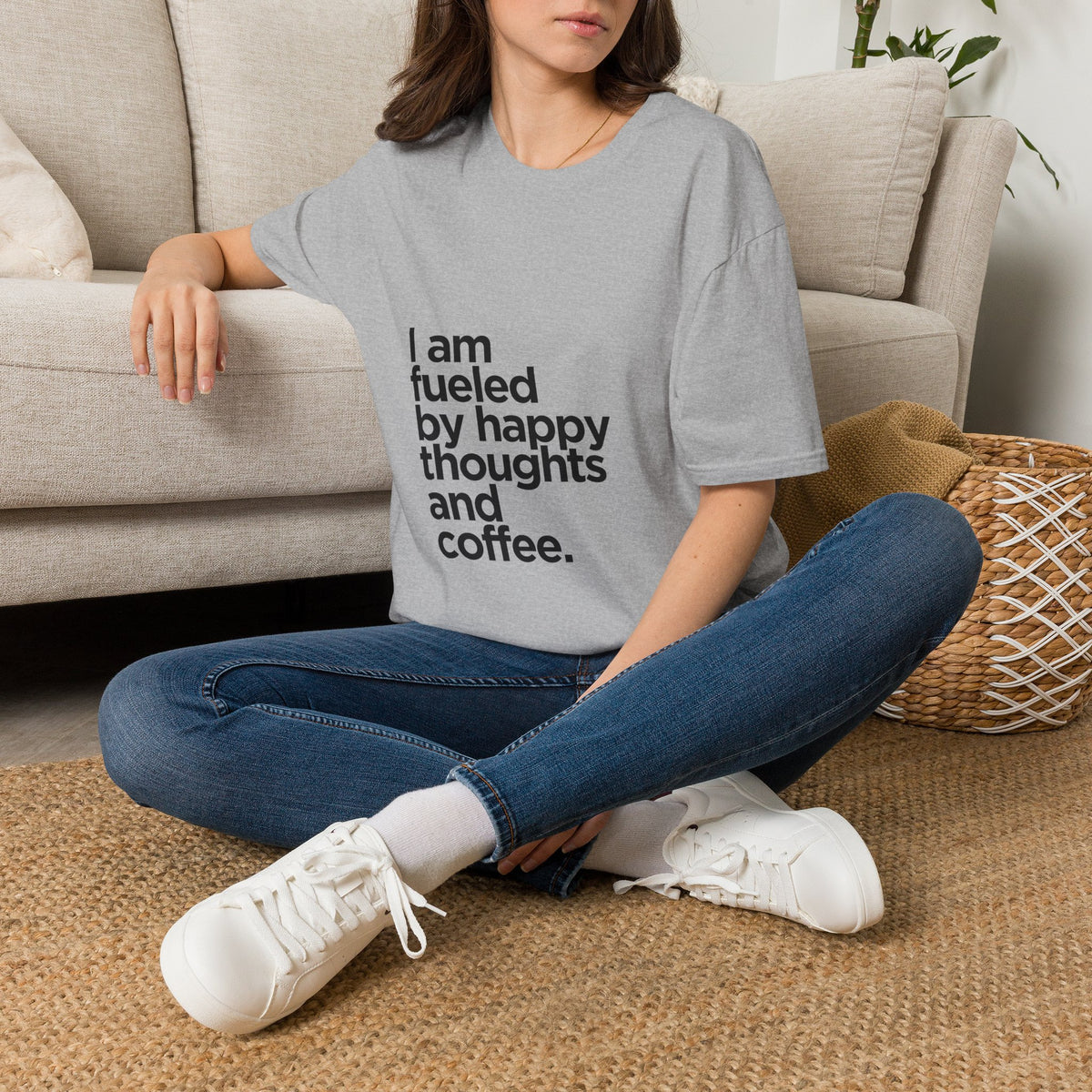 Coffee T‑Shirt — "I am fueled by happy thoughts and coffee." Casual Graphic Tee for Coffee Lovers