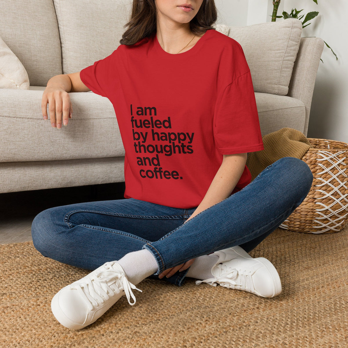 Coffee T‑Shirt — "I am fueled by happy thoughts and coffee." Casual Graphic Tee for Coffee Lovers