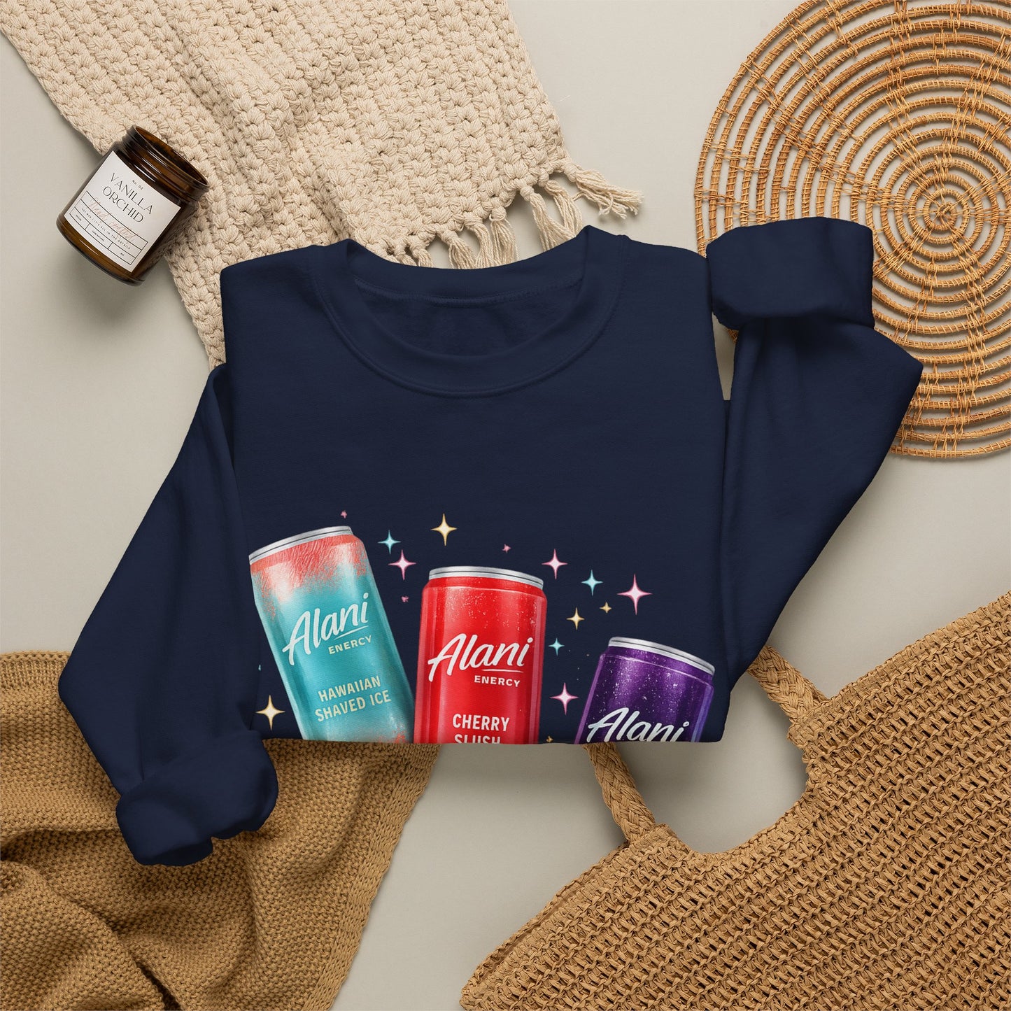 Beverage Cans Graphic Sweatshirt — Sparkling Drinks Trio "Savor the Spark" Crewneck