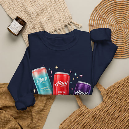 Beverage Cans Graphic Sweatshirt — Sparkling Drinks Trio "Savor the Spark" Crewneck