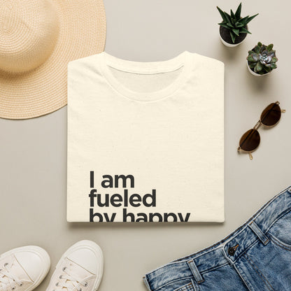 Coffee T‑Shirt — "I am fueled by happy thoughts and coffee." Casual Graphic Tee for Coffee Lovers