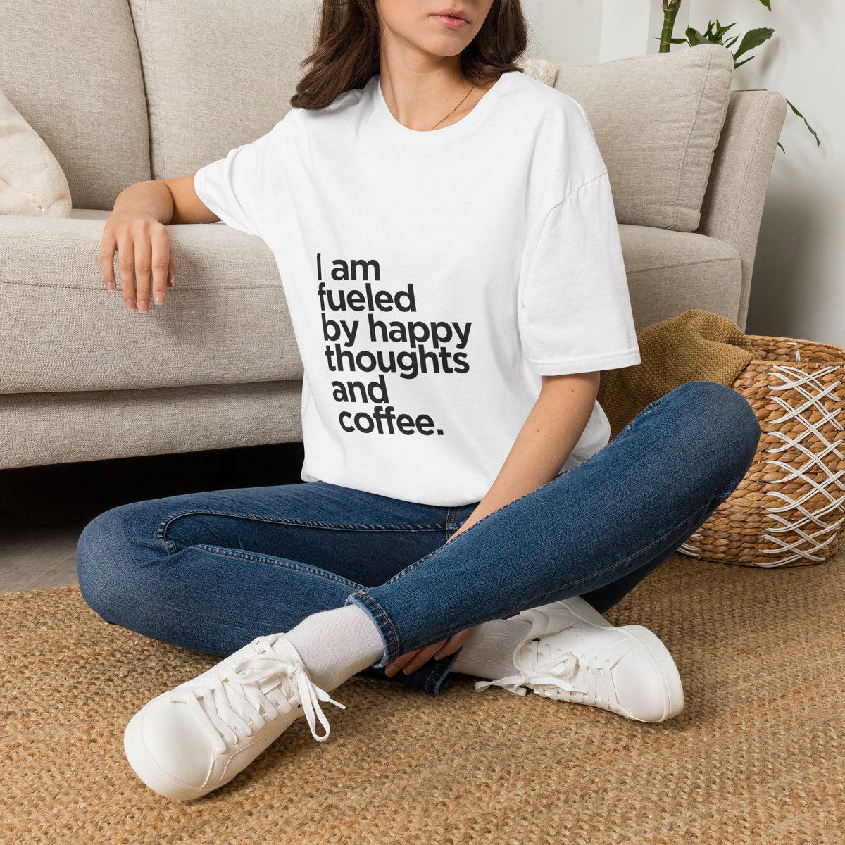 Coffee T‑Shirt — "I am fueled by happy thoughts and coffee." Casual Graphic Tee for Coffee Lovers