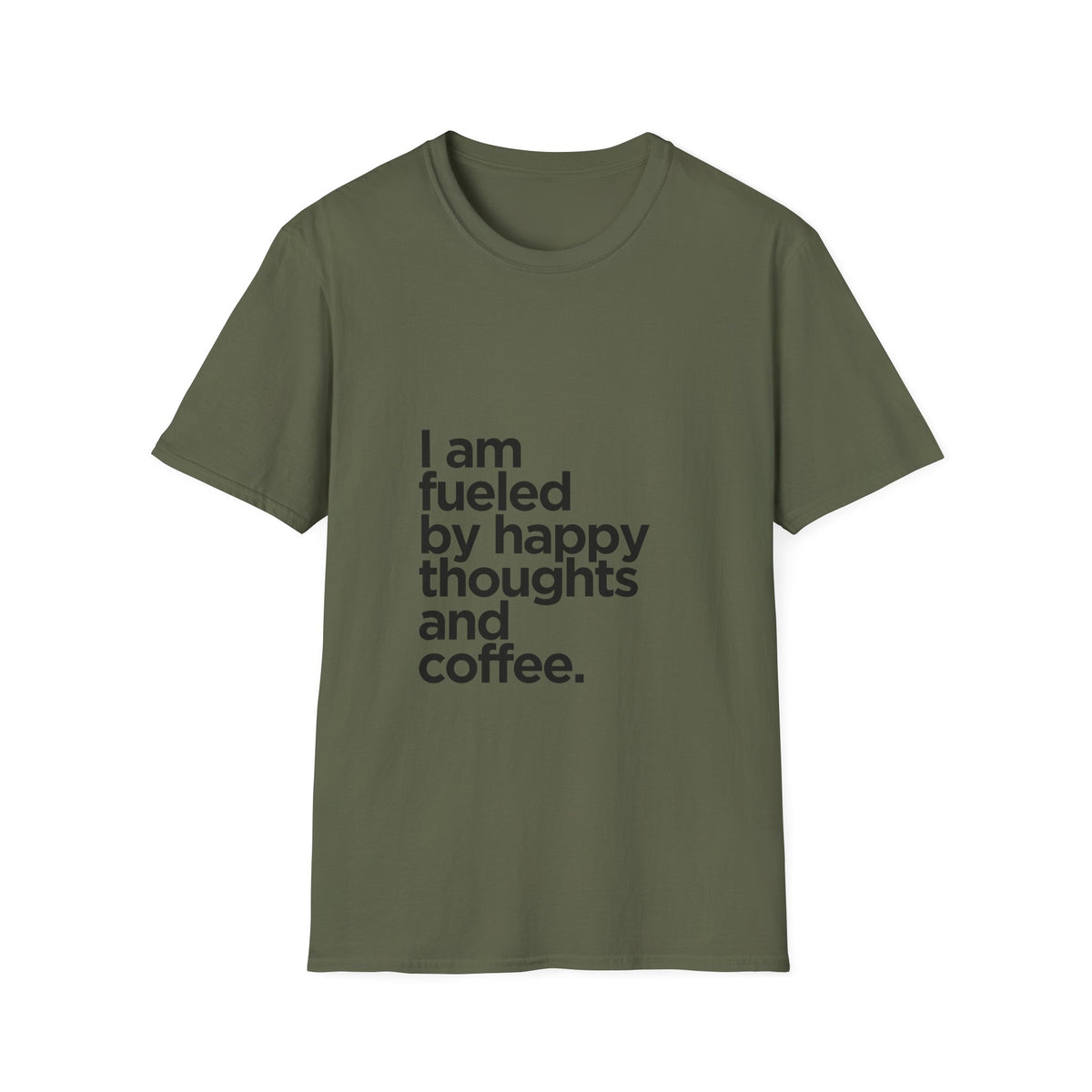 Coffee T‑Shirt — "I am fueled by happy thoughts and coffee." Casual Graphic Tee for Coffee Lovers