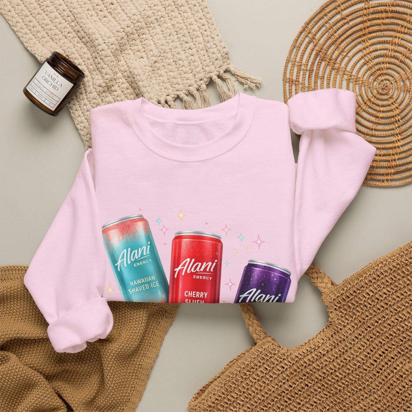 Beverage Cans Graphic Sweatshirt — Sparkling Drinks Trio "Savor the Spark" Crewneck