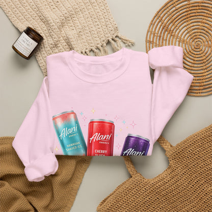 Beverage Cans Graphic Sweatshirt — Sparkling Drinks Trio "Savor the Spark" Crewneck