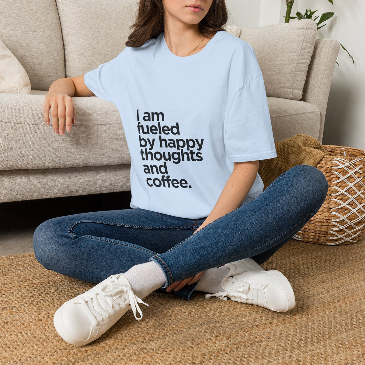 Coffee T‑Shirt — "I am fueled by happy thoughts and coffee." Casual Graphic Tee for Coffee Lovers