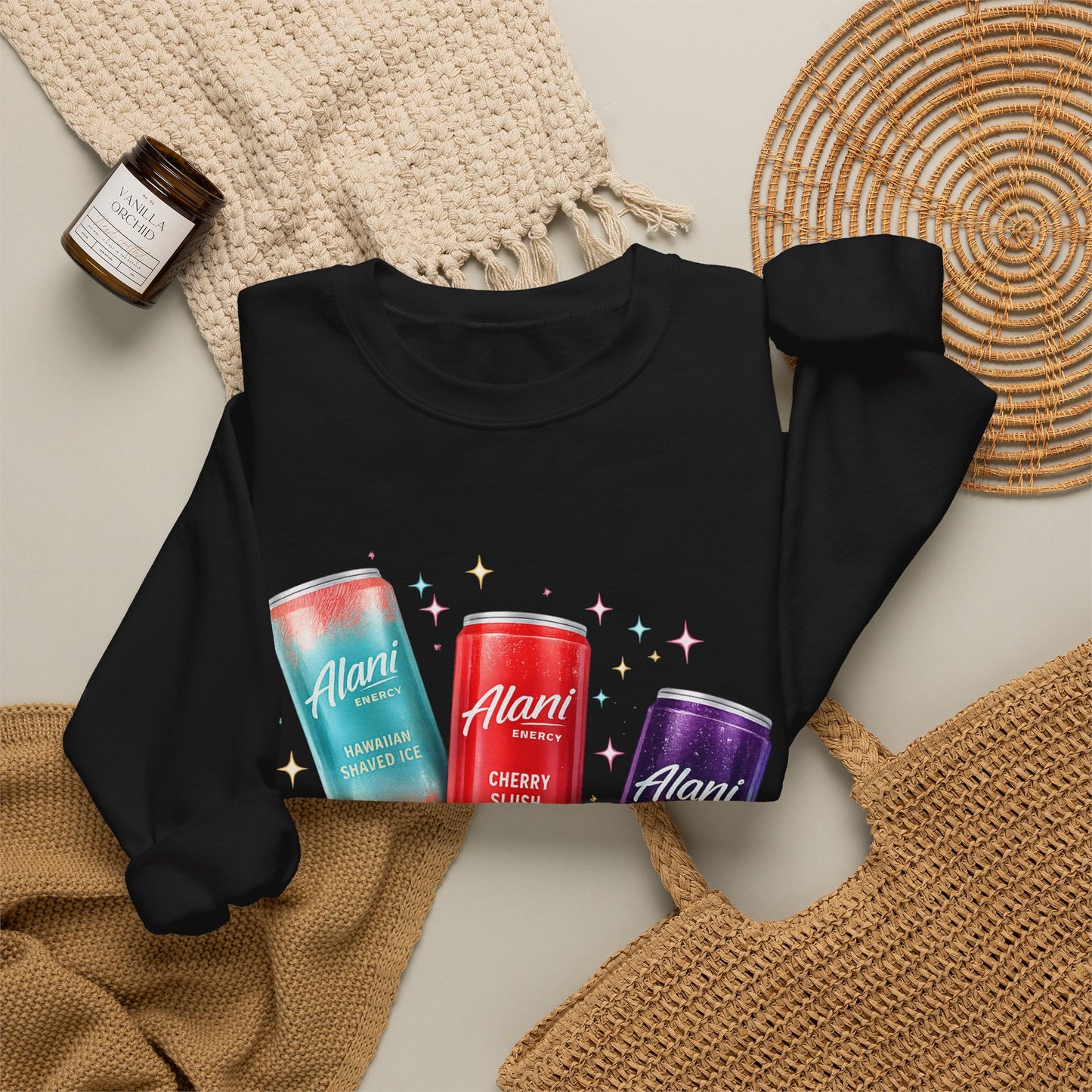 Beverage Cans Graphic Sweatshirt — Sparkling Drinks Trio "Savor the Spark" Crewneck
