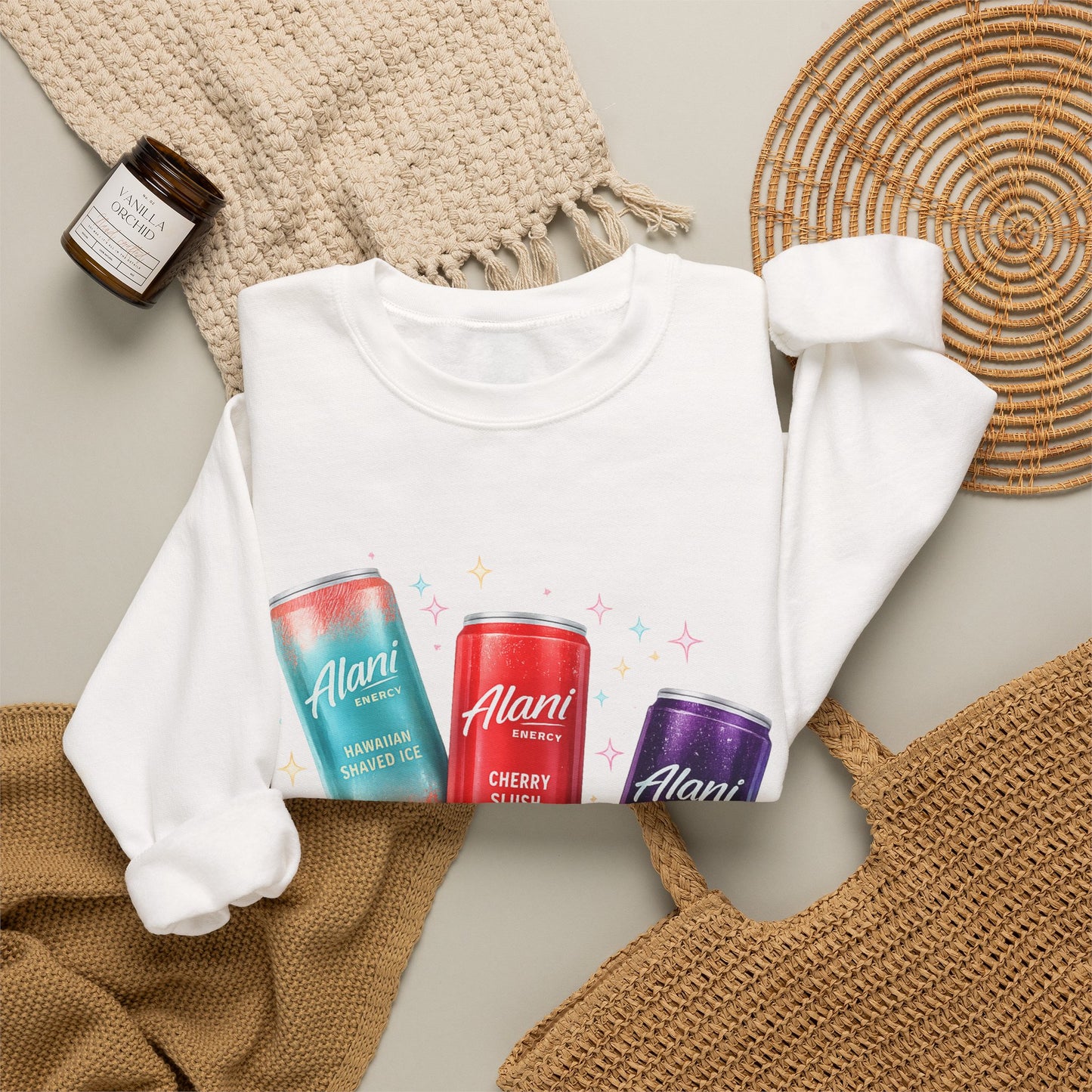 Beverage Cans Graphic Sweatshirt — Sparkling Drinks Trio "Savor the Spark" Crewneck