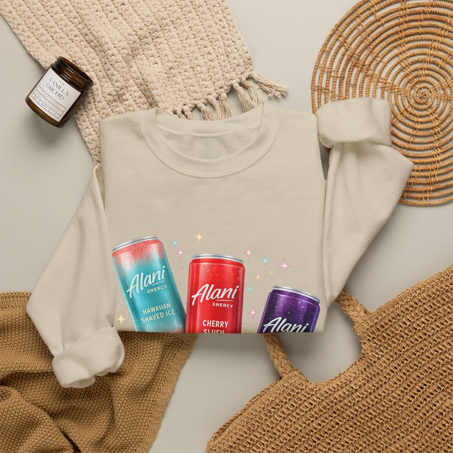 Beverage Cans Graphic Sweatshirt — Sparkling Drinks Trio "Savor the Spark" Crewneck