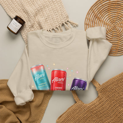 Beverage Cans Graphic Sweatshirt — Sparkling Drinks Trio "Savor the Spark" Crewneck