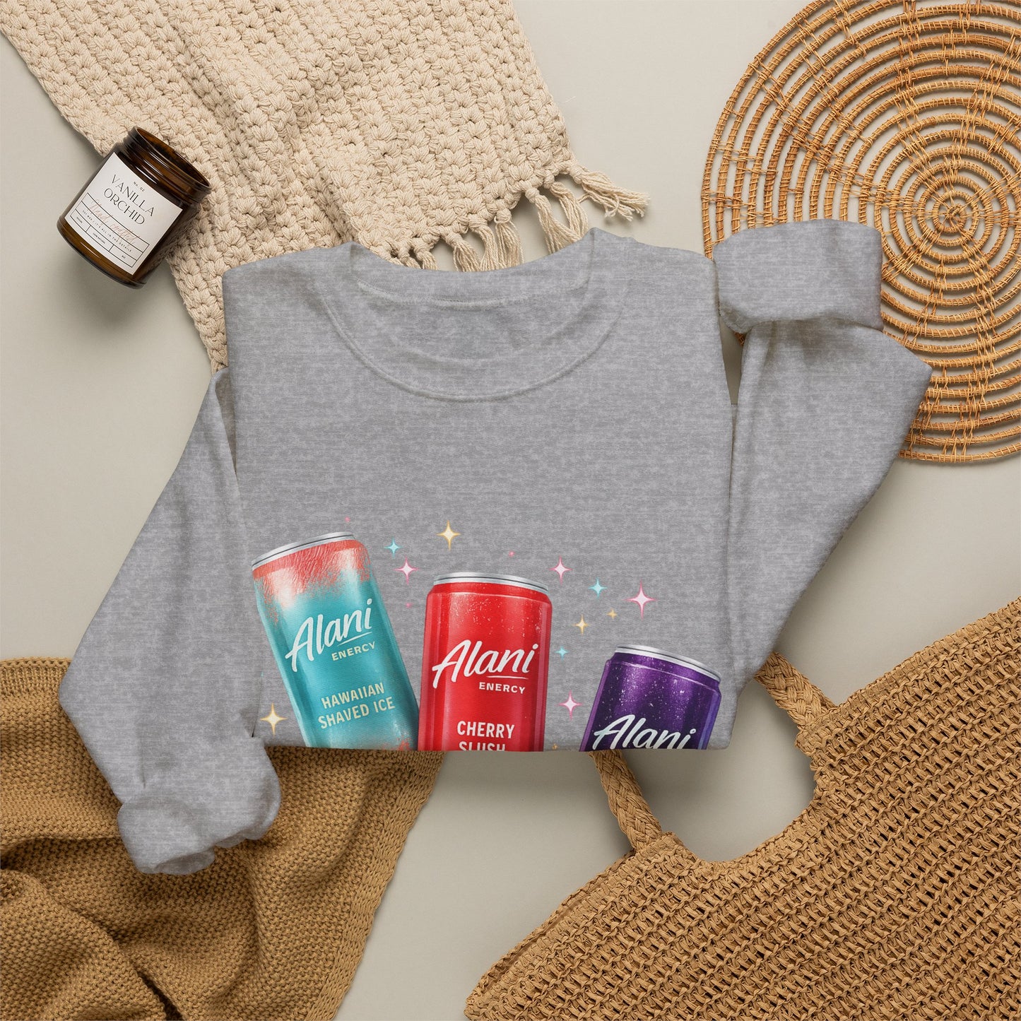 Beverage Cans Graphic Sweatshirt — Sparkling Drinks Trio "Savor the Spark" Crewneck